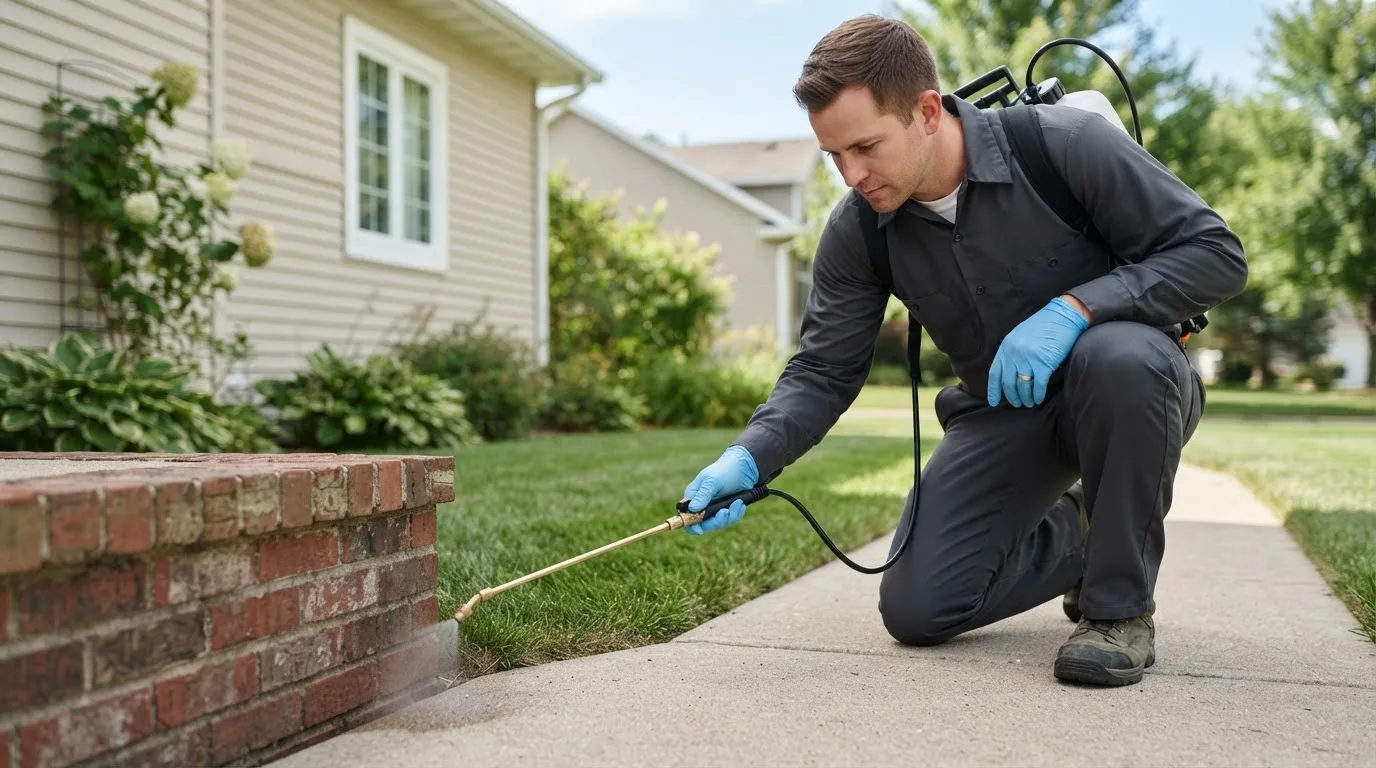 Pest control technician treating a home near Jefferson, IA